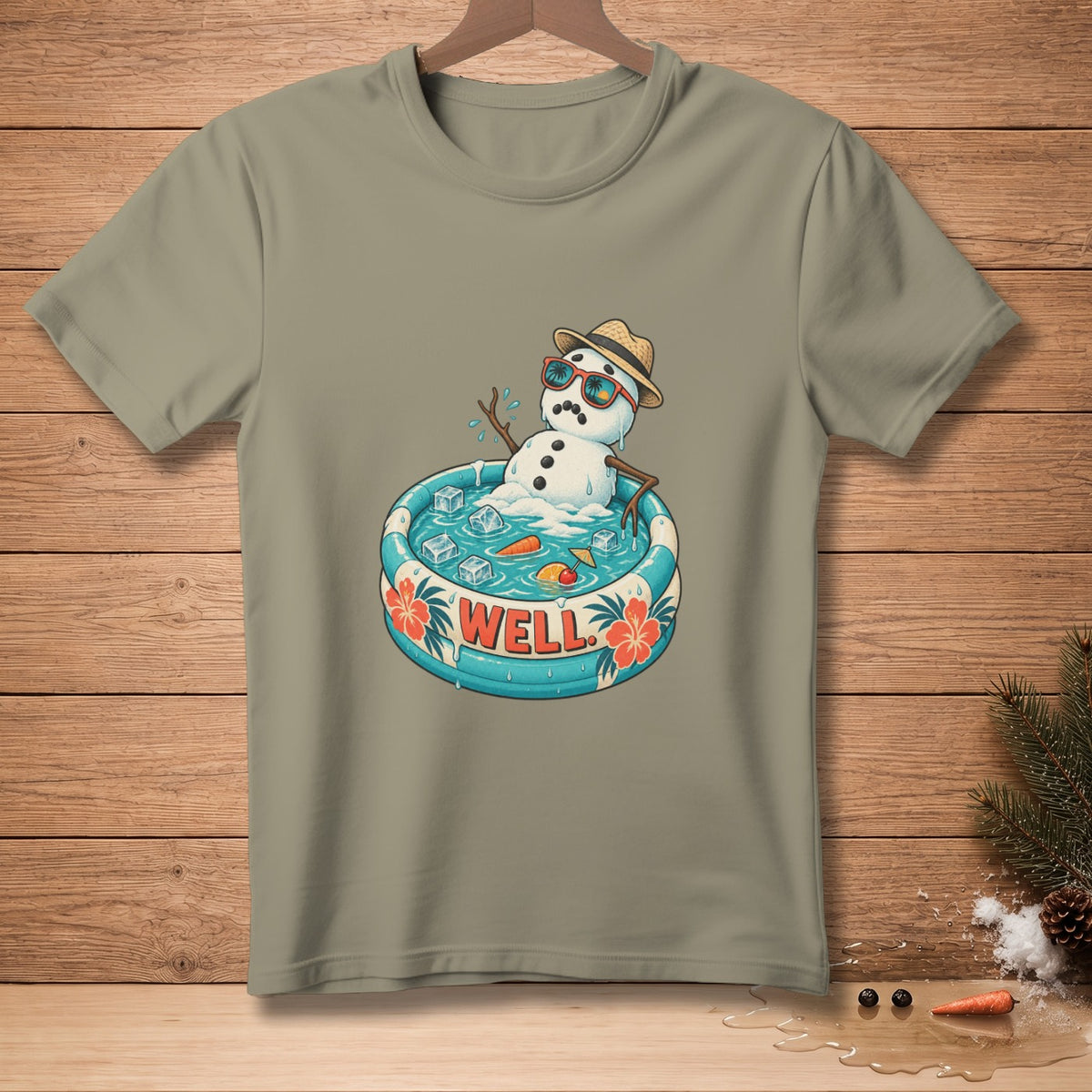 Snowman in a kiddie pool with ice, oranges, and the word "WELL" written on it.