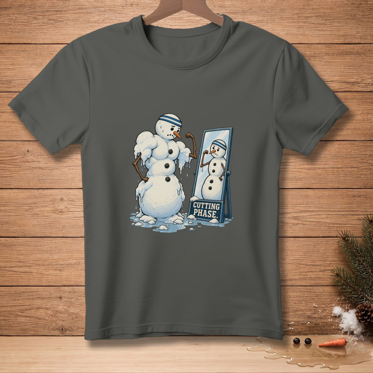 A muscular snowman flexing in the mirror with "CUTTING PHASE" text.