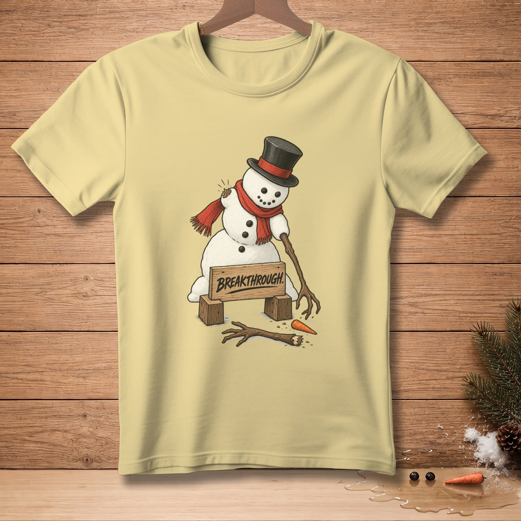 Snowman with top hat and scarf breaks through "Breakthrough" sign.