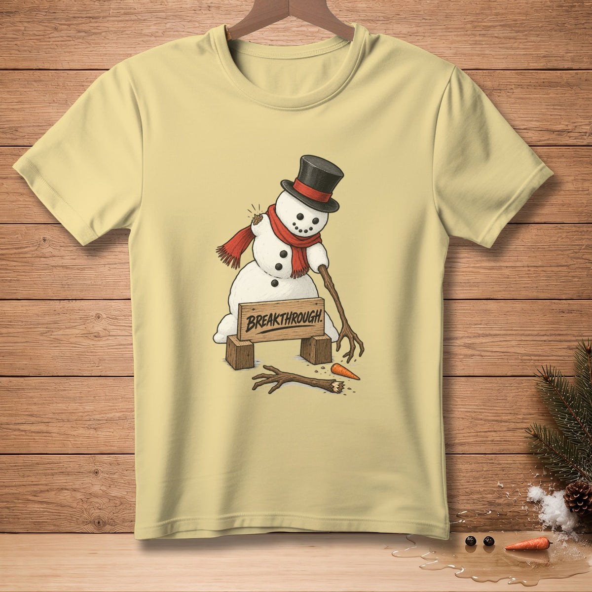 Snowman with top hat and scarf breaks through "Breakthrough" sign.