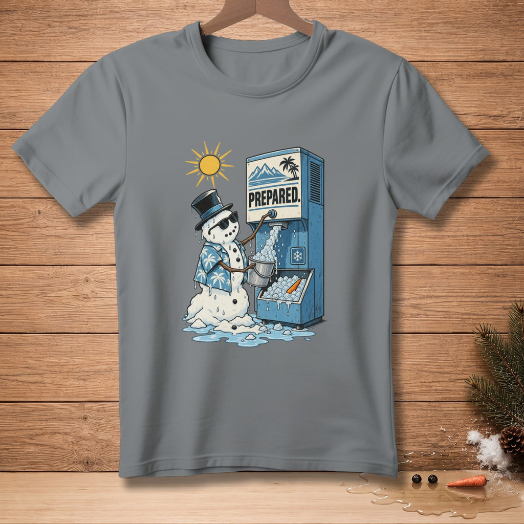 Snowman in a Hawaiian shirt and top hat at an ice dispenser with the word "PREPARED".