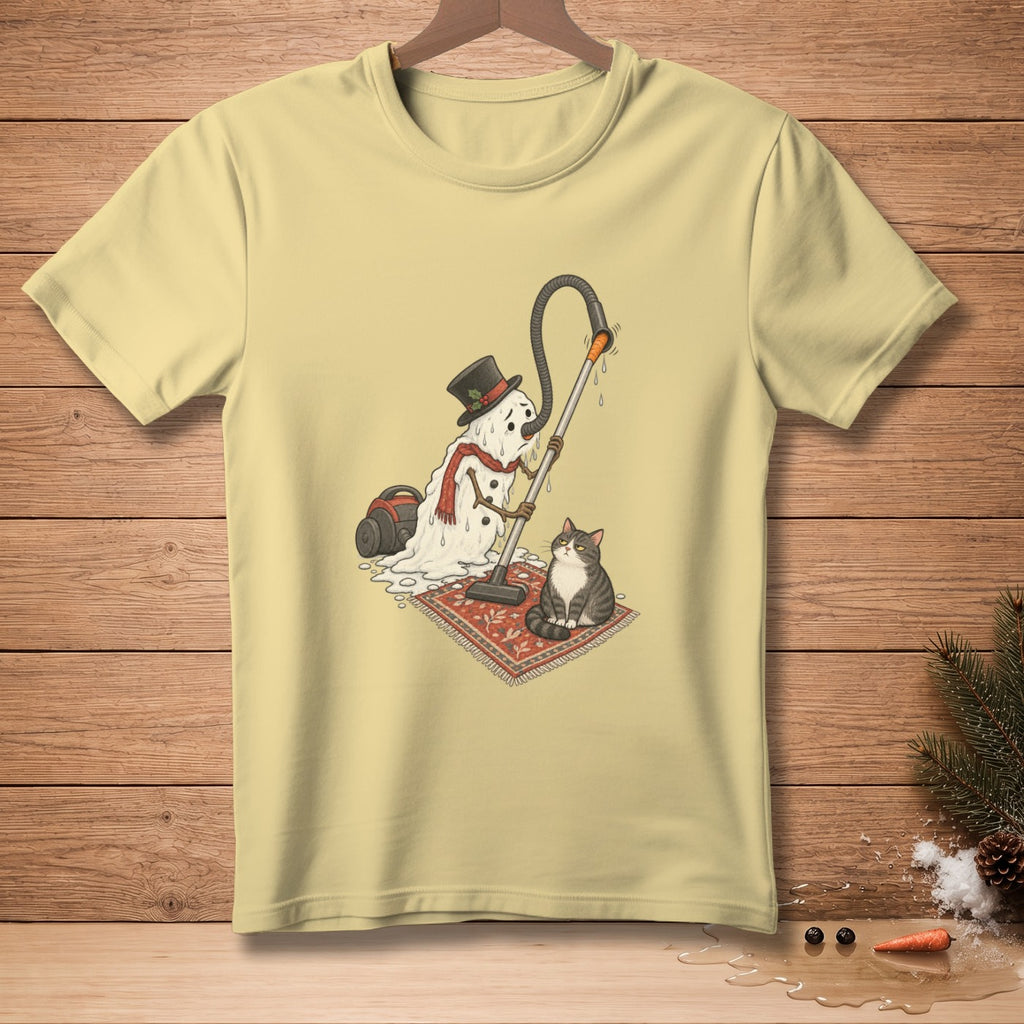 Melting snowman vacuuming a rug with a cat watching.