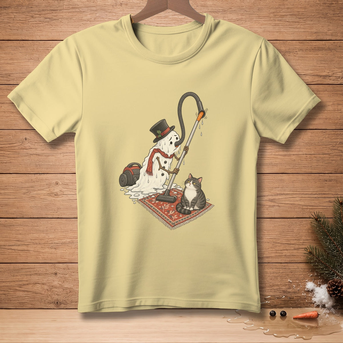 Melting snowman vacuuming a rug with a cat watching.