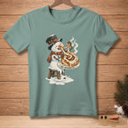 Snowman melting and eating a large cinnamon roll with "NO REGRETS" text.