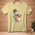 Melting snowman with torch and marshmallow on a light yellow t-shirt.