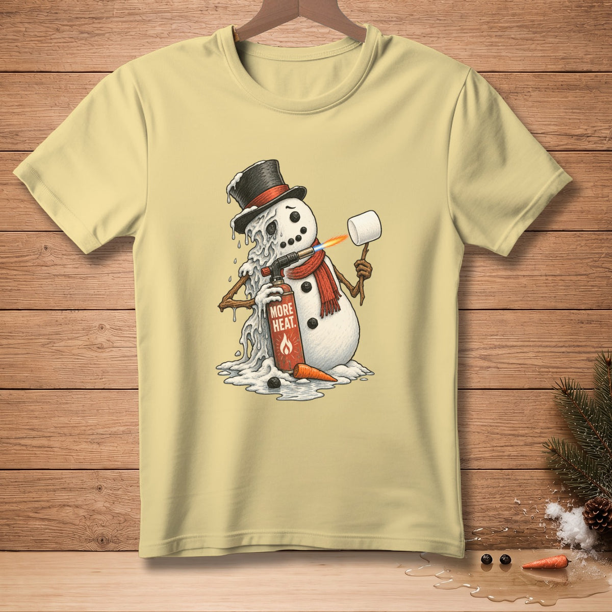 Melting snowman with torch and marshmallow on a light yellow t-shirt.