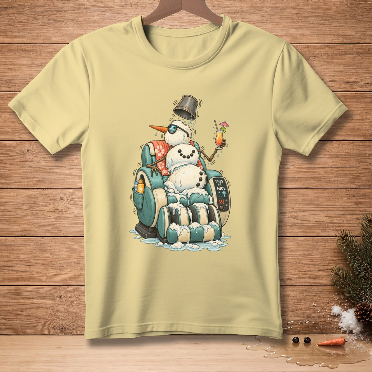 Snowman melting in a massage chair with a drink and text "THIS IS NICE."