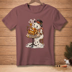 Melting snowman eating a loaded baked potato with text "LOADED."