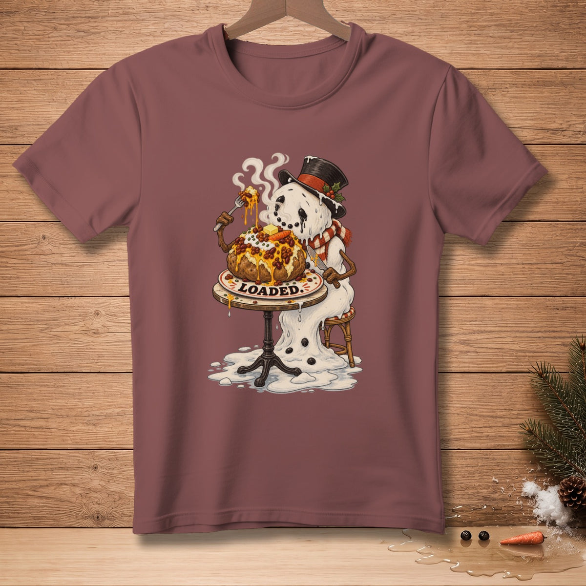 Melting snowman eating a loaded baked potato with text "LOADED."