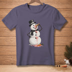 T-shirt with melting snowman wearing top hat and scarf, eating ice cream cone.