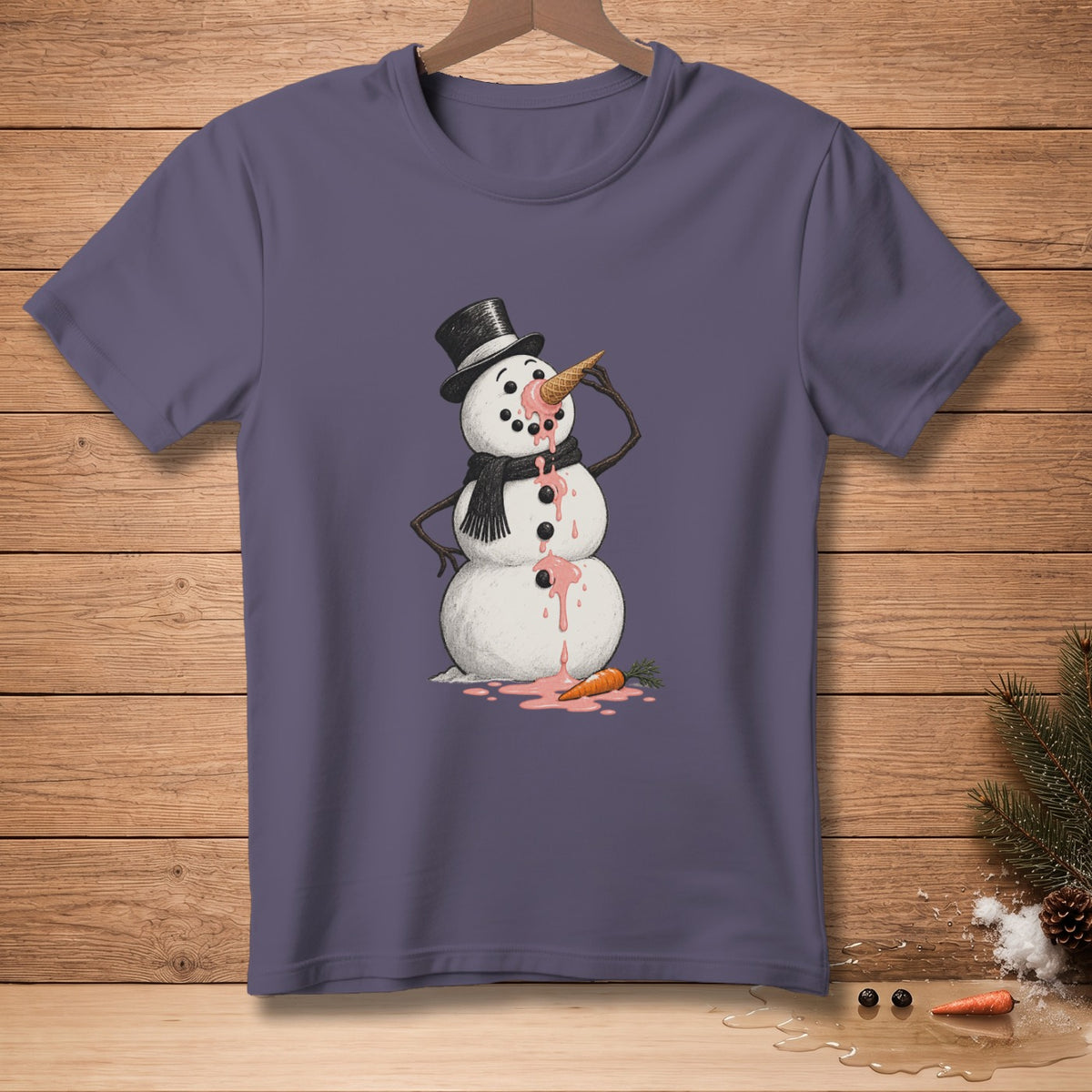 T-shirt with melting snowman wearing top hat and scarf, eating ice cream cone.