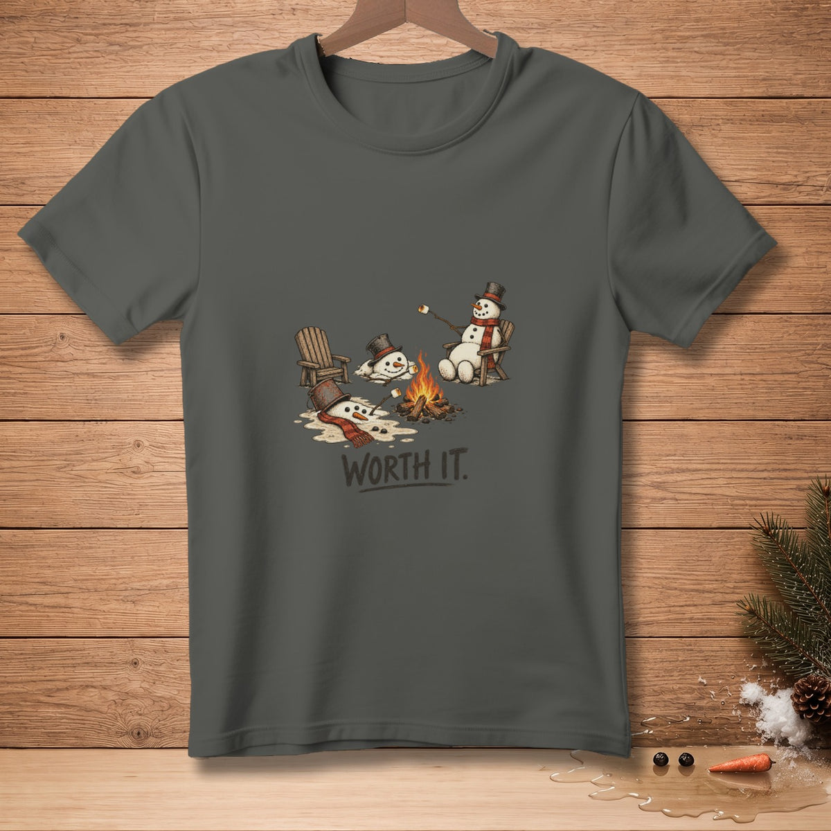 Two melting snowmen near a campfire with text "WORTH IT."