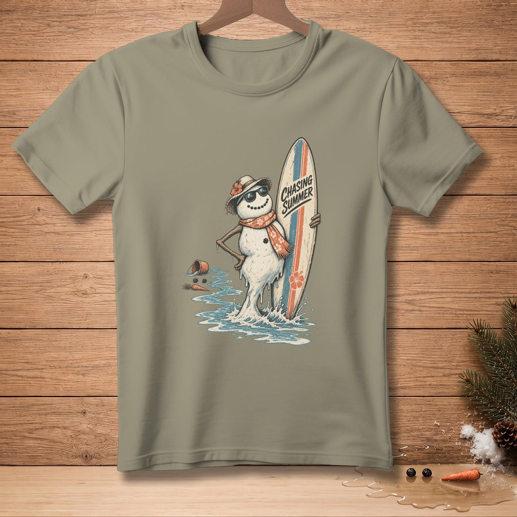 Melting snowman in sunglasses holding a surfboard with "Chasing Summer" text.