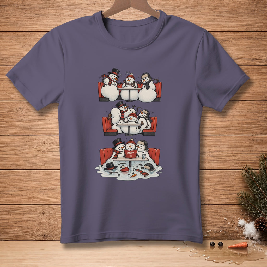 Three scenes of melting snowmen sitting at tables, one with "Cozy" text.