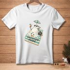 White t-shirt with melting snowman on beach towel, text "VACATION MODE".