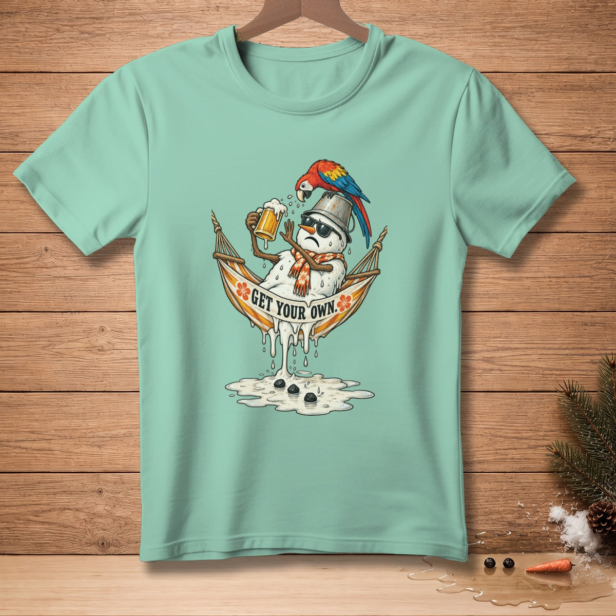 Melting snowman in hammock with beer and parrot, text "GET YOUR OWN."