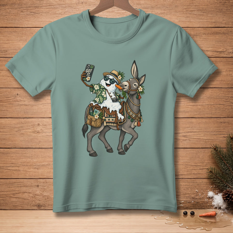 Snowman taking a selfie while riding a donkey, wearing a Hawaiian shirt and sunglasses.