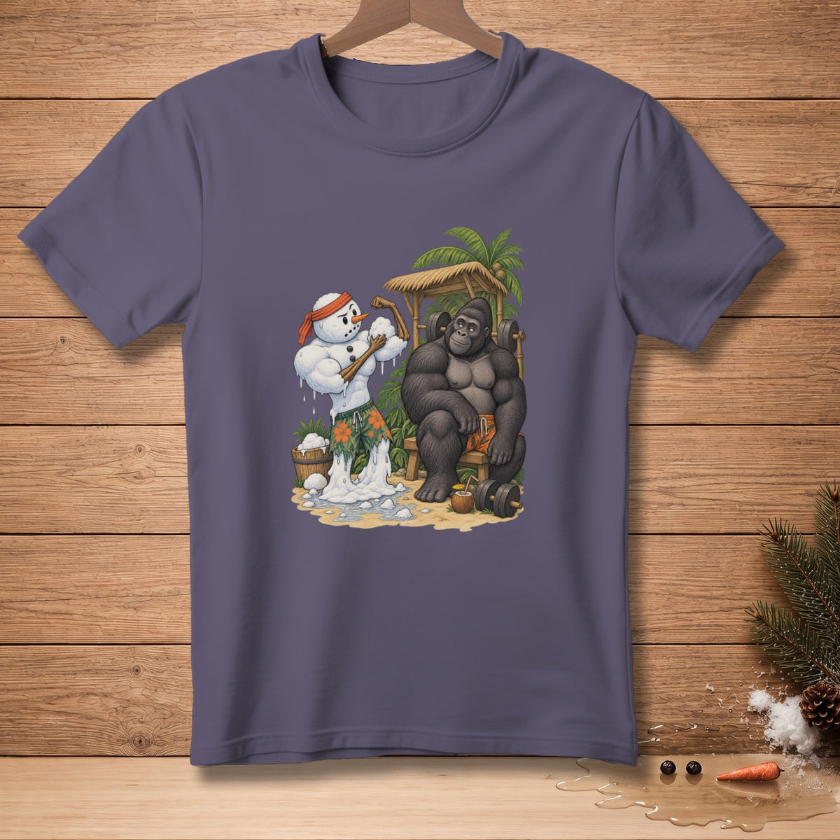 Muscular snowman flexing beside a gorilla at a tropical gym.