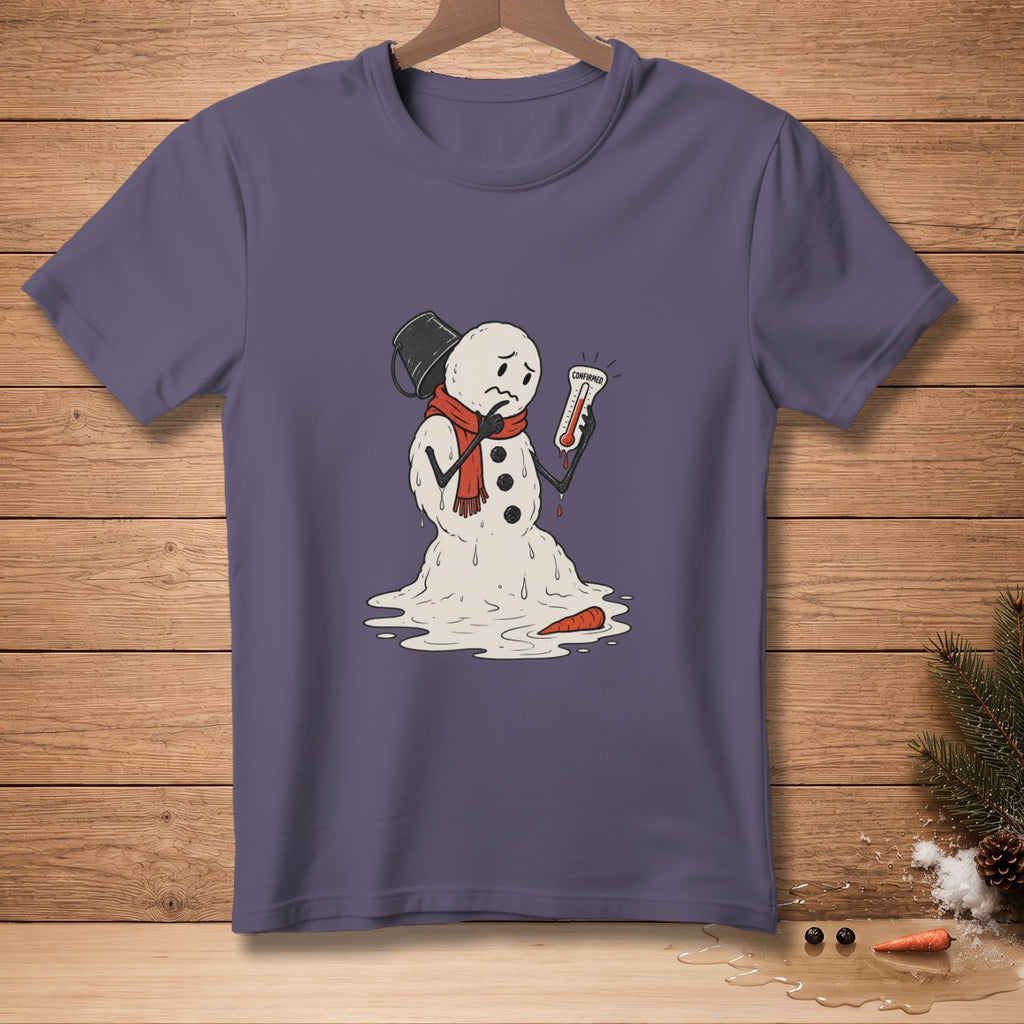 Melting snowman with a red scarf holds a thermometer reading "CONFIRMED".