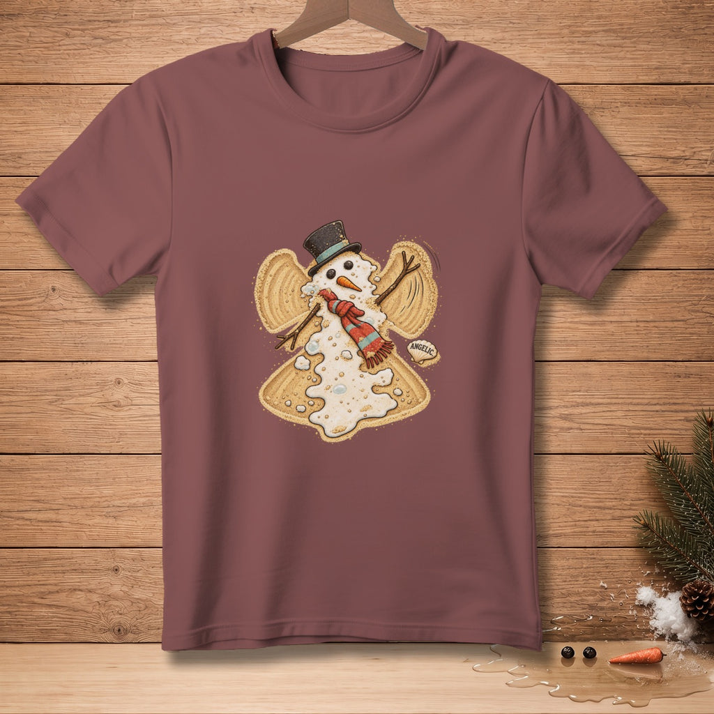 Melted snowman angel with a hat, scarf, and the word "ANGELIC".