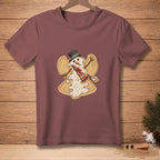 Melted snowman angel with a hat, scarf, and the word "ANGELIC".