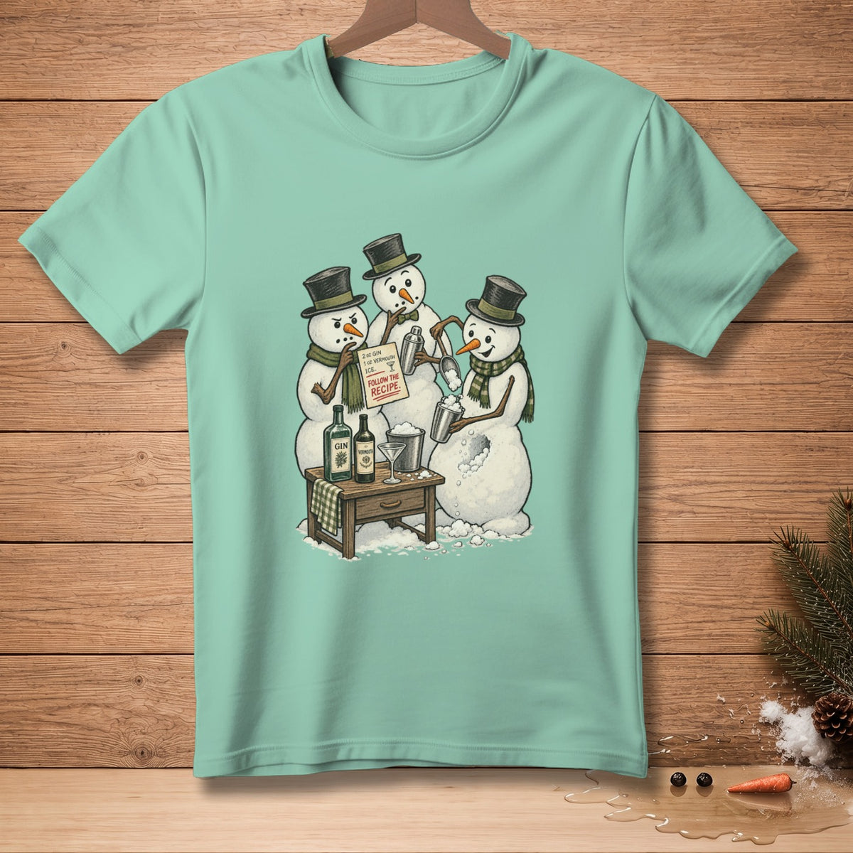 Snowmen in top hats make a drink with gin, vermouth, and ice, following a recipe.