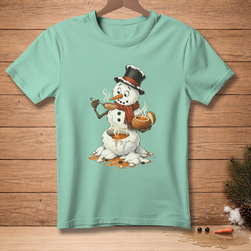 Melting snowman with a spoon labeled "REFILLS?" drinks soup from a bowl.