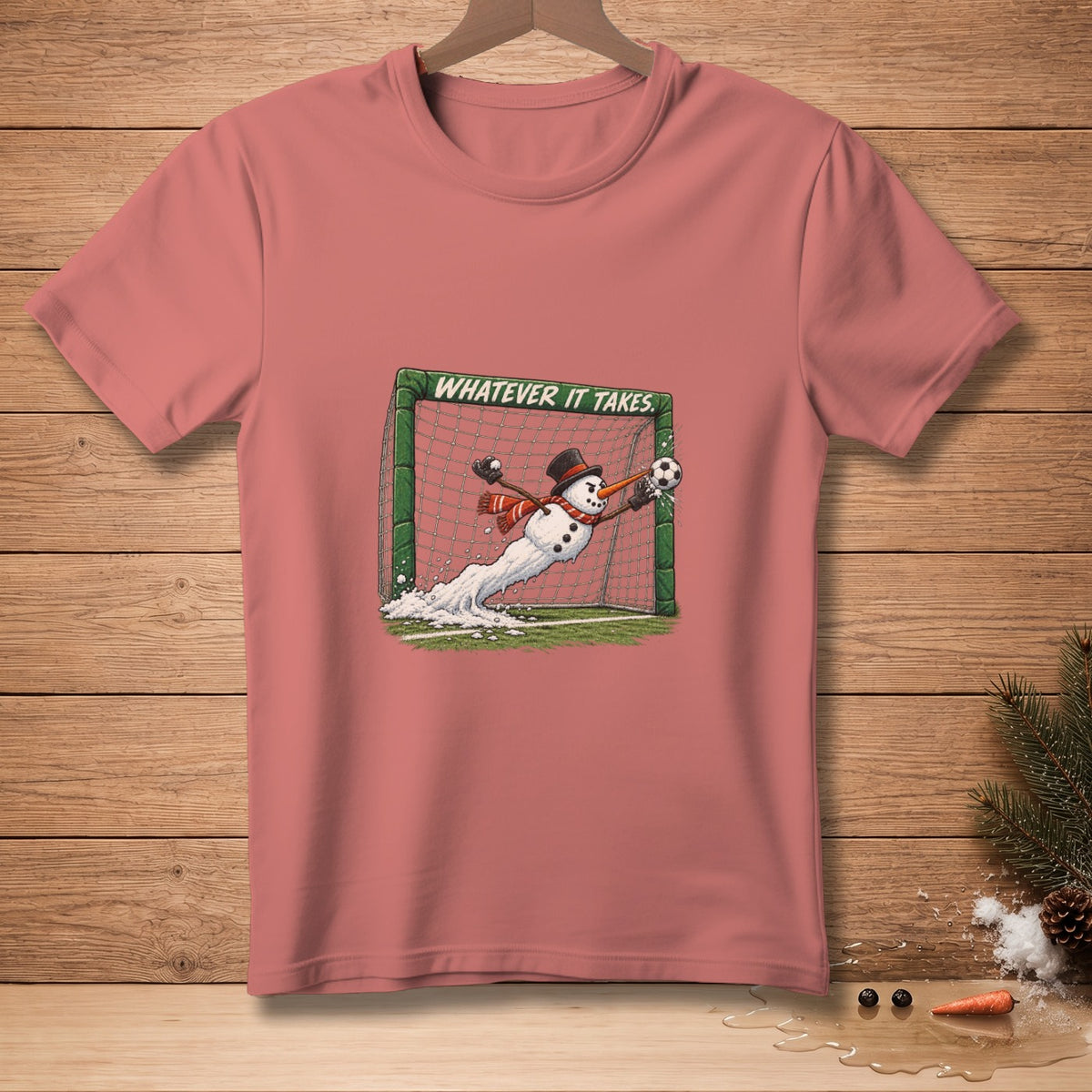 Snowman goalie lunges for soccer ball with text "WHATEVER IT TAKES."