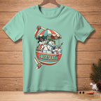 Two snowmen in a Ferris wheel gondola with text "BEST SEAT" on the front.