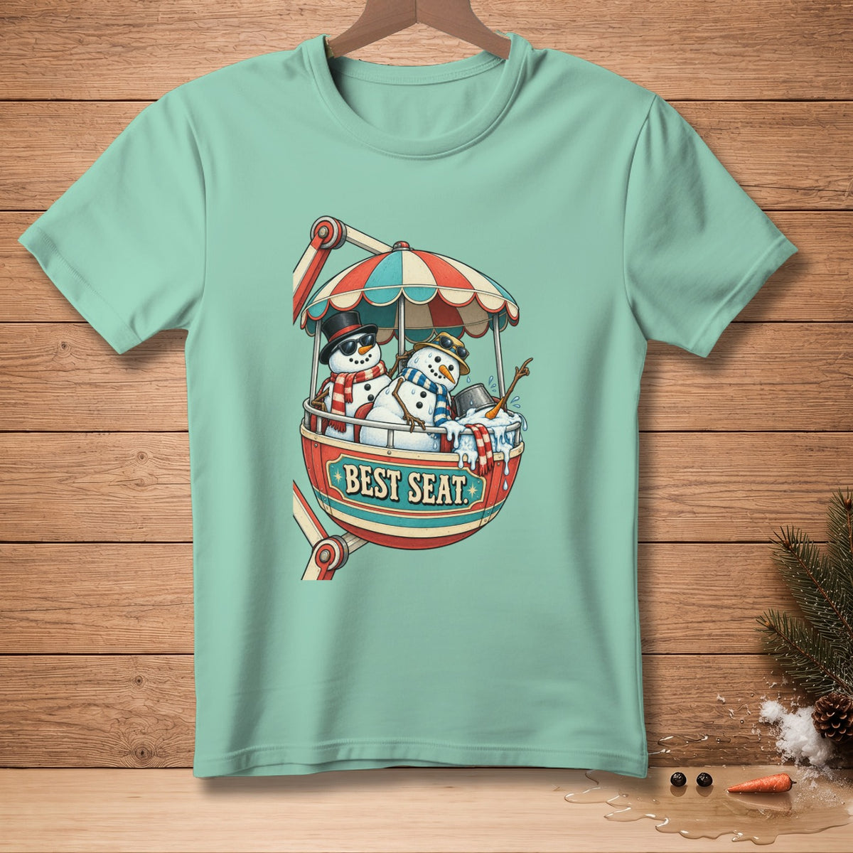 Two snowmen in a Ferris wheel gondola with text "BEST SEAT" on the front.