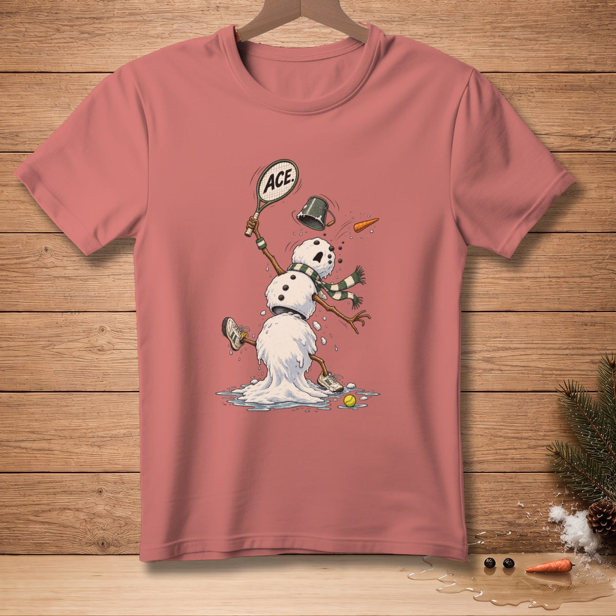 T-shirt with melting snowman playing tennis, hitting a tennis ball with a racket labeled "ACE".