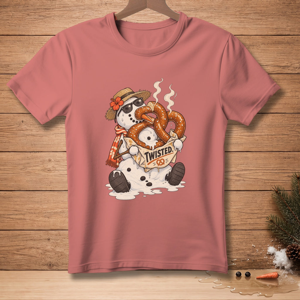 Snowman in sunglasses and straw hat holding pretzels with "Twisted" text.