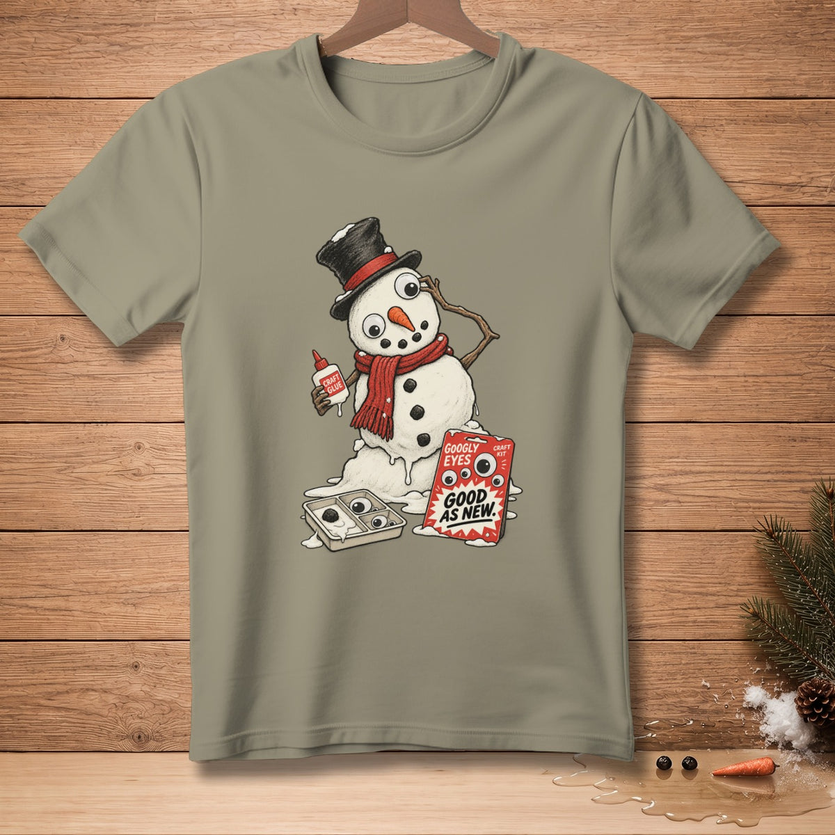 Melting snowman with craft glue and googly eyes labeled "Good As New."