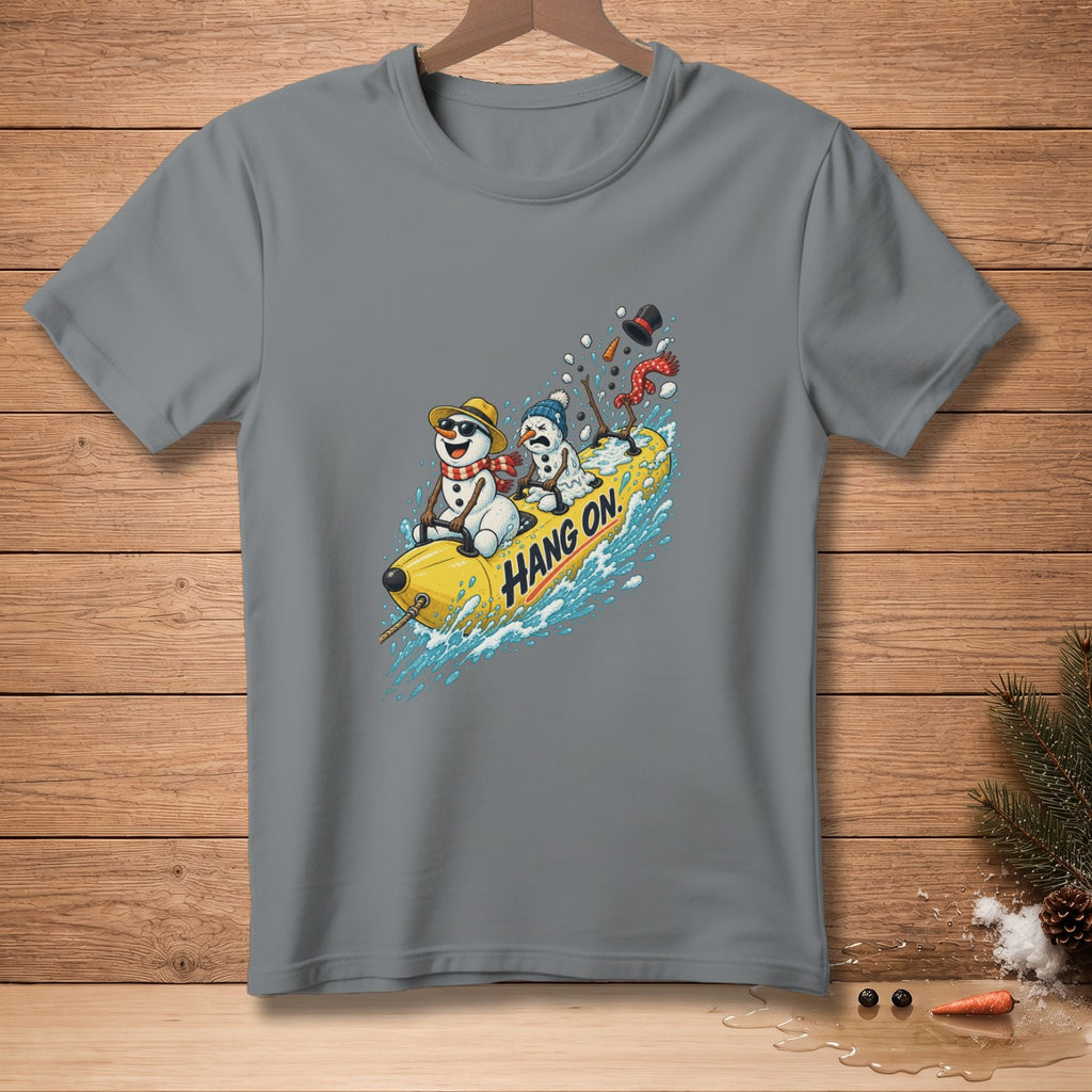 Two snowmen riding a yellow tube with "Hang On" text through splashing water.