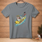 Two snowmen riding a yellow tube with "Hang On" text through splashing water.
