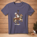 Snowman riding a melting carousel horse with text "ONE MORE RIDE."
