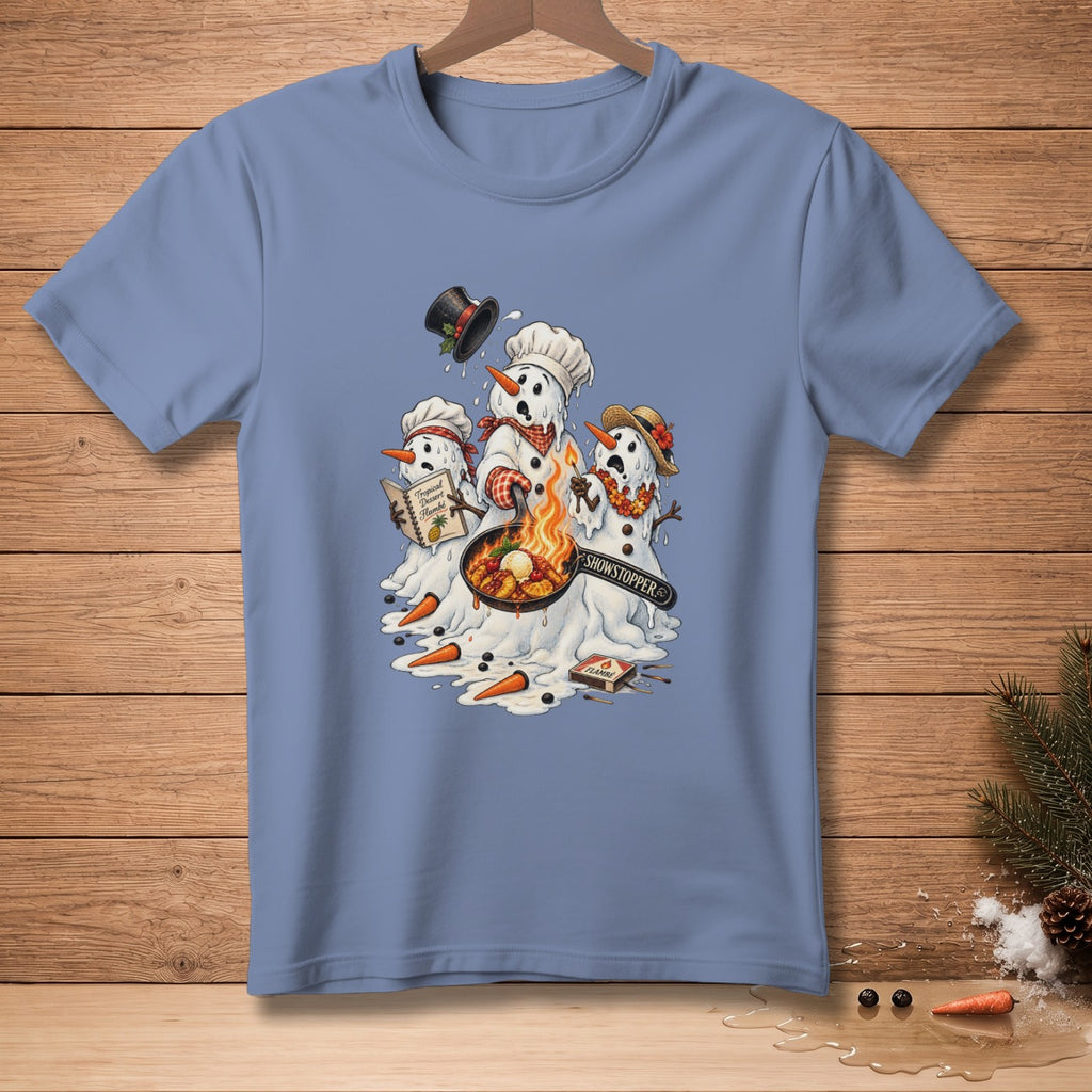 Three snowmen cooking a flambéed dessert with "Showstopper" sign.