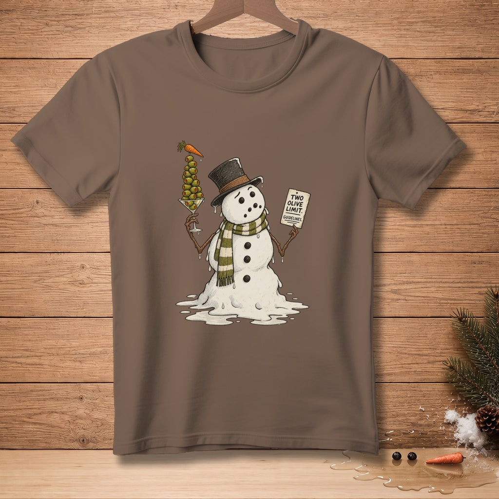 Brown t-shirt with melting snowman holding olive martini and sign.