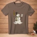 Brown t-shirt with melting snowman holding olive martini and sign.