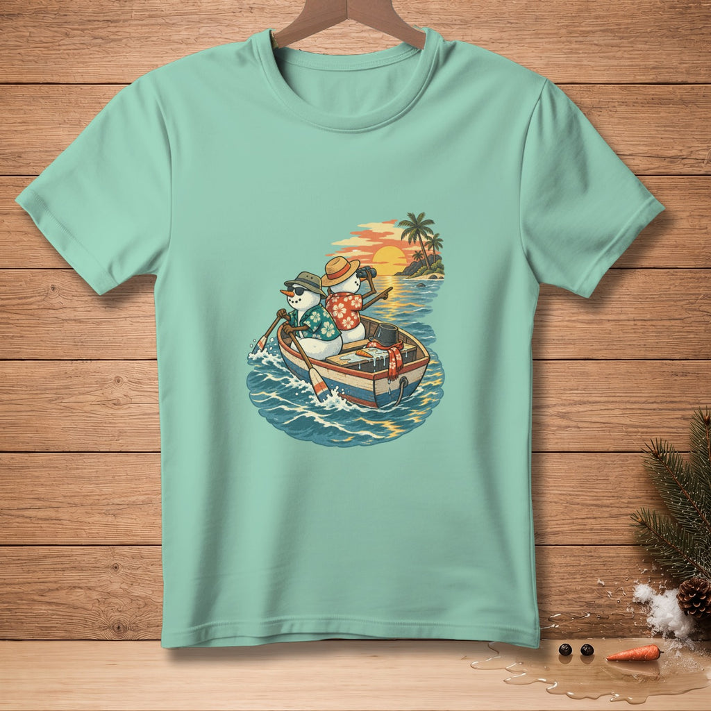 Two snowmen in a rowboat on the ocean at sunset.