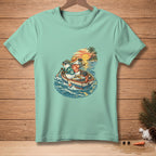 Two snowmen in a rowboat on the ocean at sunset.