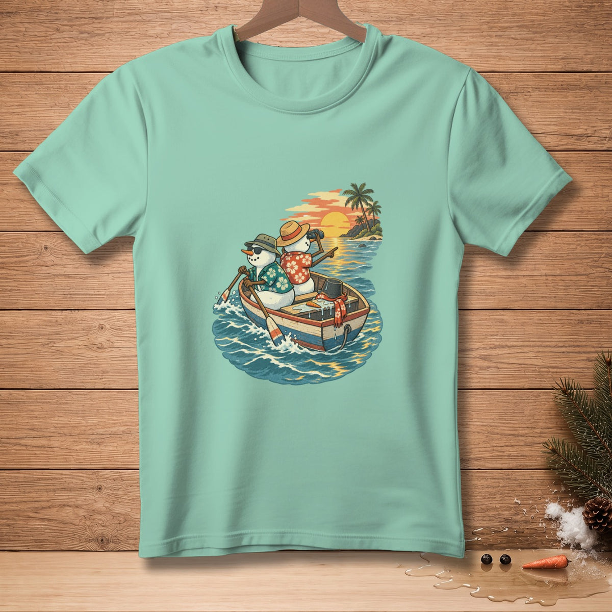 Two snowmen in a rowboat on the ocean at sunset.