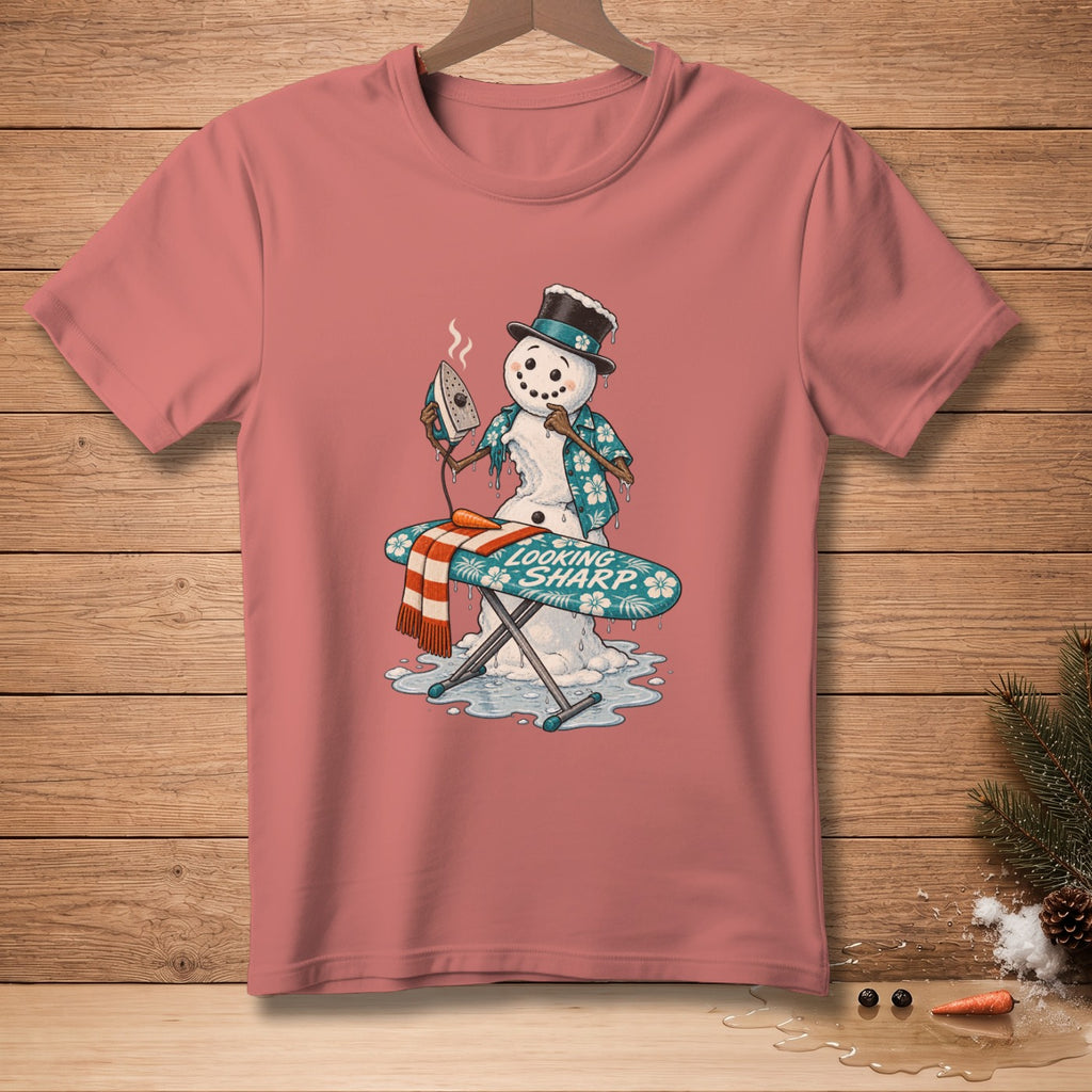 Snowman ironing with steam, text "Looking Sharp" on ironing board.