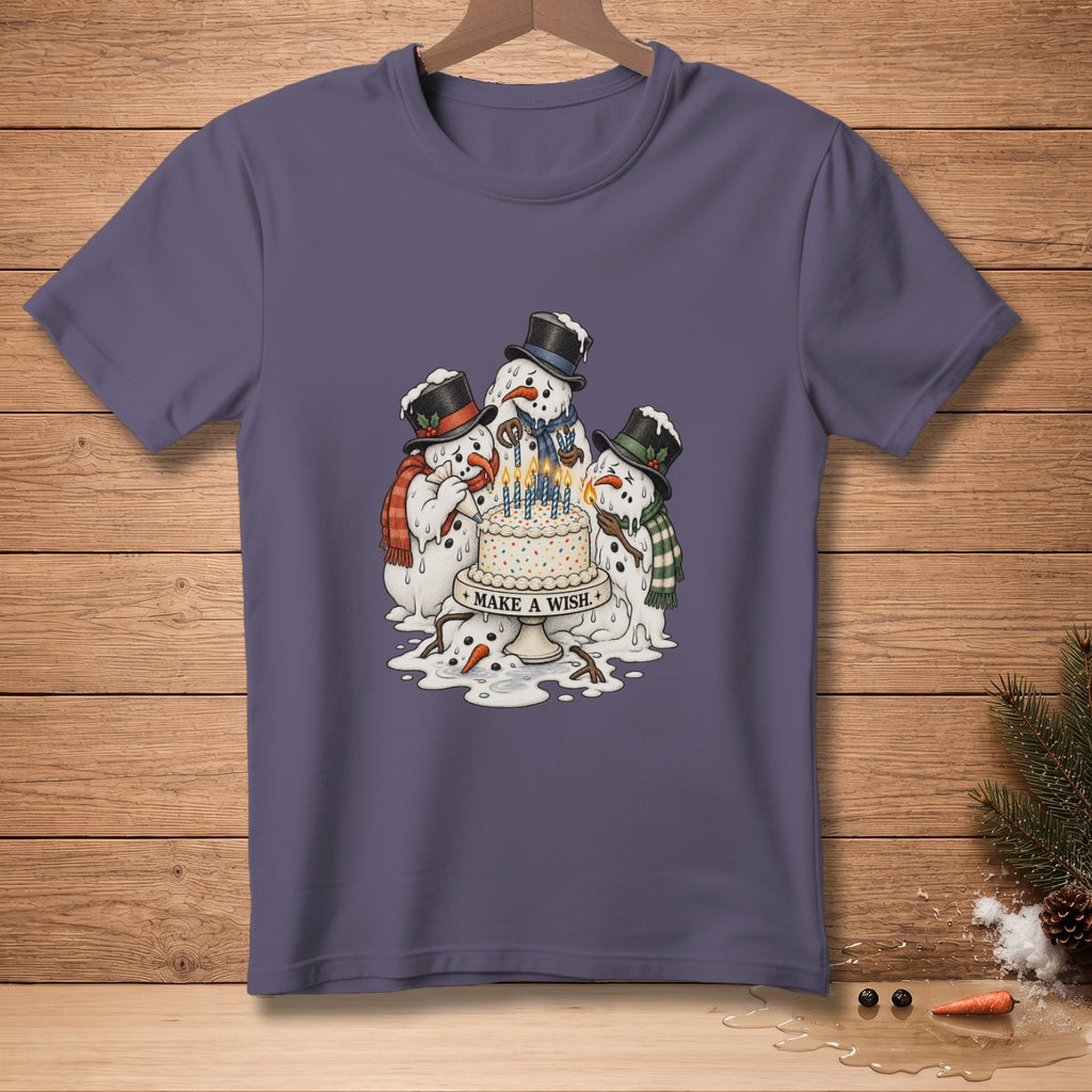 Melting snowmen celebrate a birthday cake with "Make a Wish" text.
