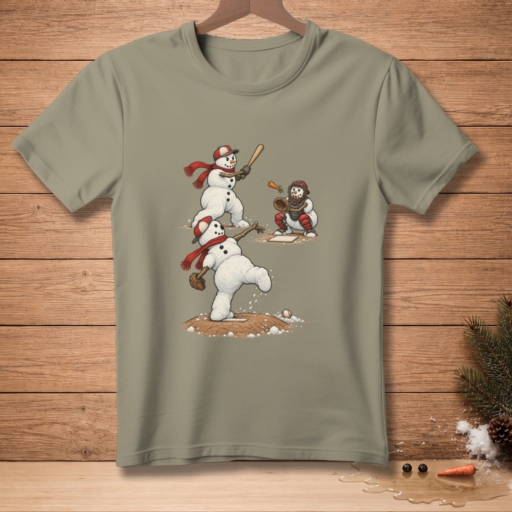 Three snowmen playing baseball, one pitching, one batting, and one catching.