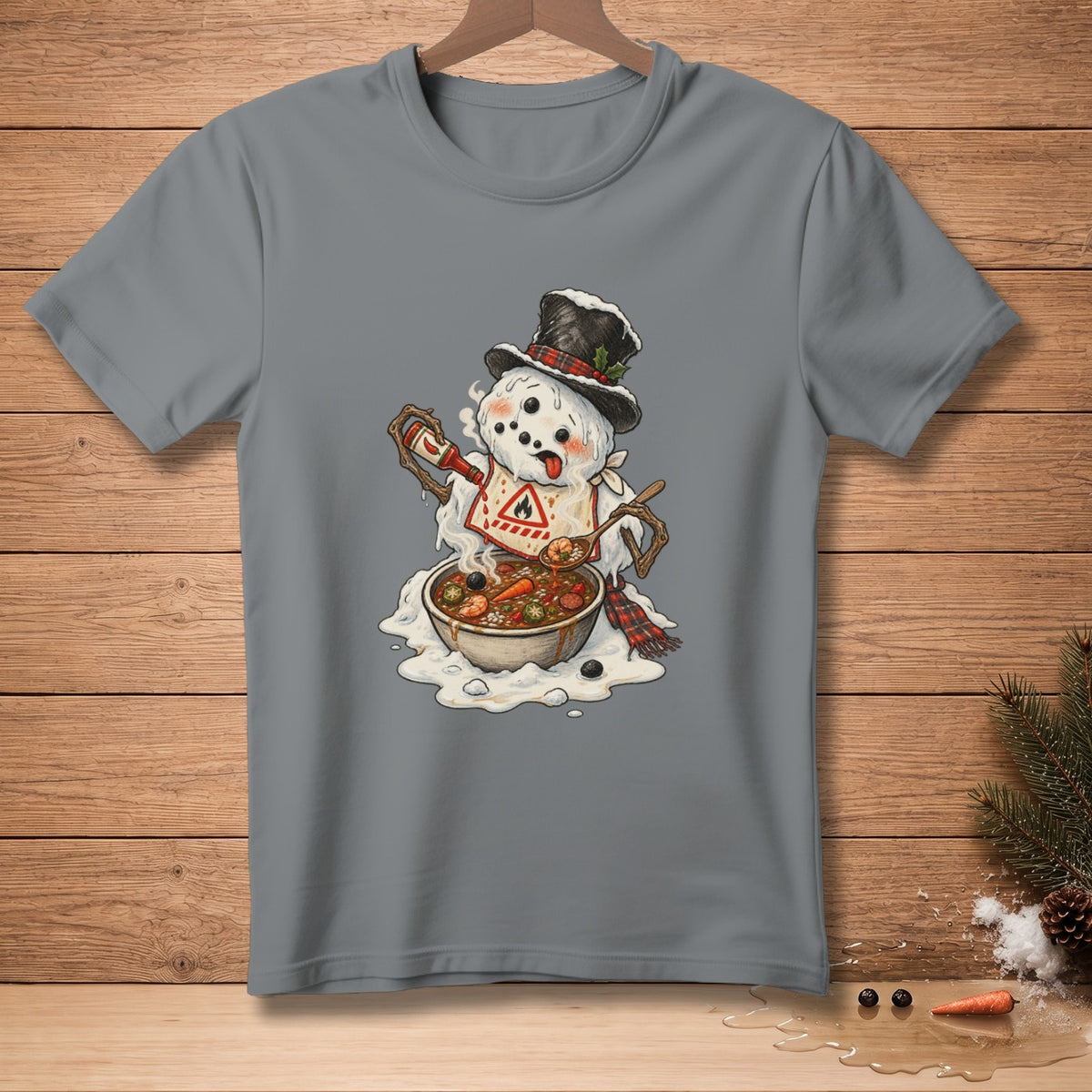 Melting snowman wearing a hat and scarf, eating soup from a bowl.