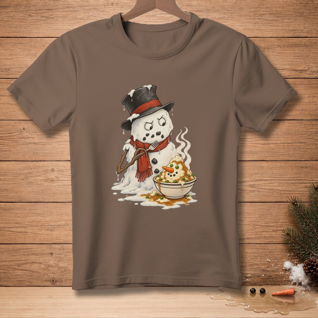 Melting snowman wearing top hat and scarf, eating mashed potatoes from a bowl.