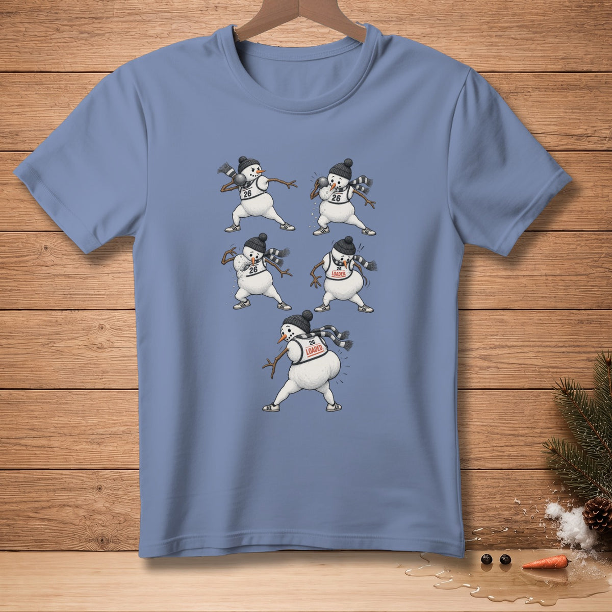 Snowmen in various athletic poses with "26 LOADED" text on one.
