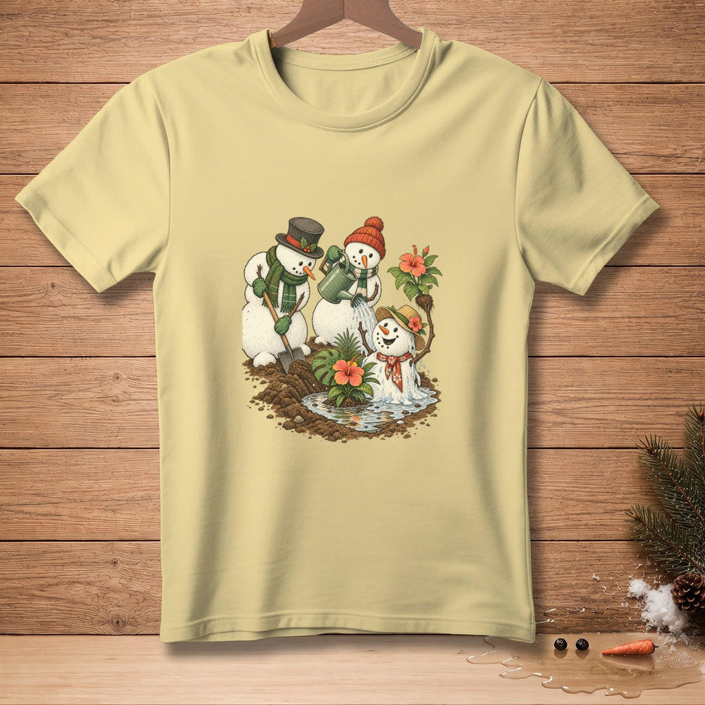Three snowmen planting flowers and watering them near a puddle.