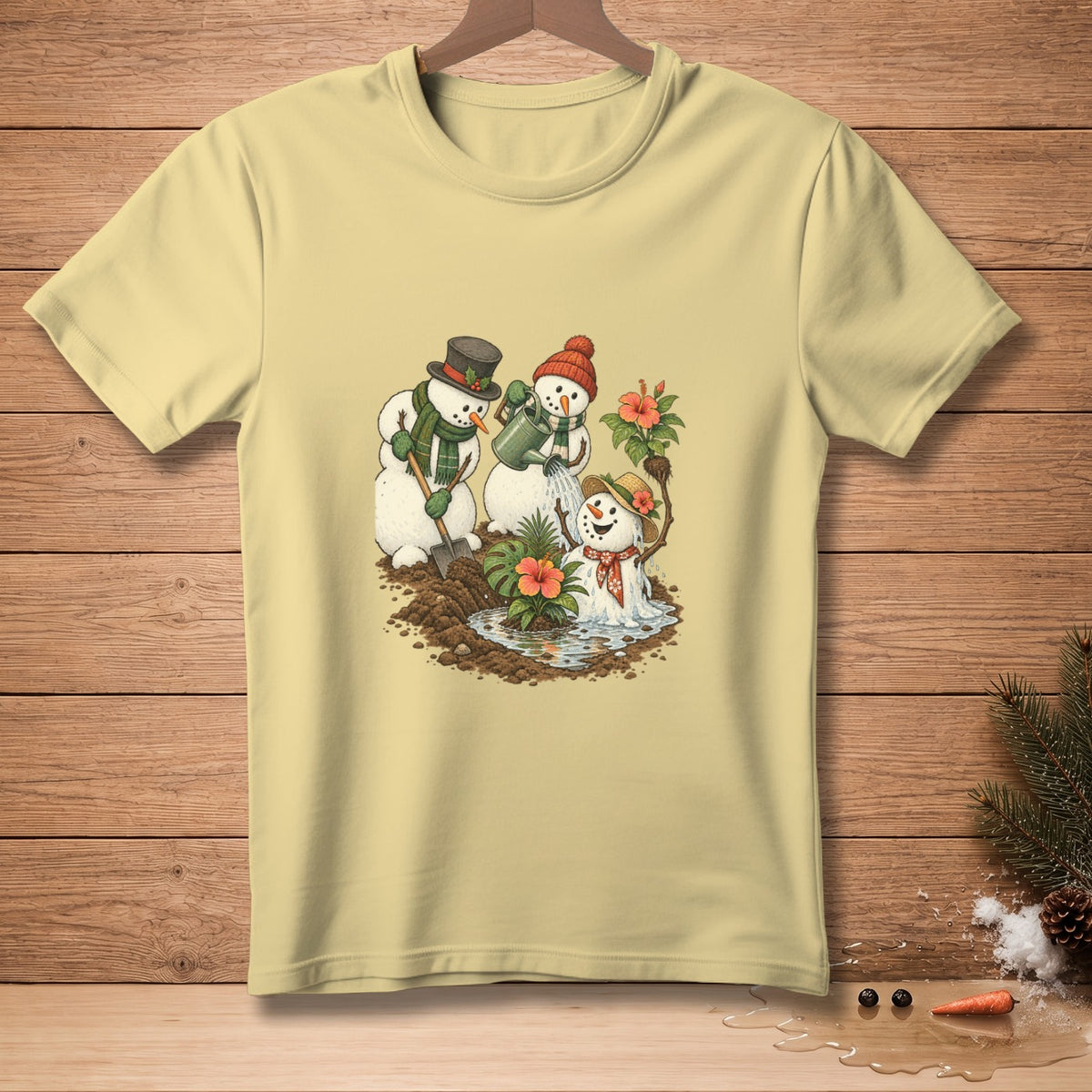 Three snowmen planting flowers and watering them near a puddle.